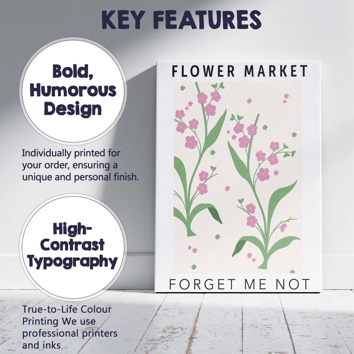 Pastel Forget Me Not Wildflower Botanical Garden Illustration Canvas Wall Art Print Decor Picture Ready to Hang