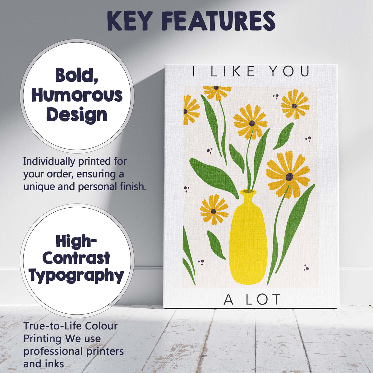 Yellow Floral Bouquet in Bright Mustard Vase Scandinavian Botanical Illustration Canvas Wall Art Print Decor Picture Ready to Hang