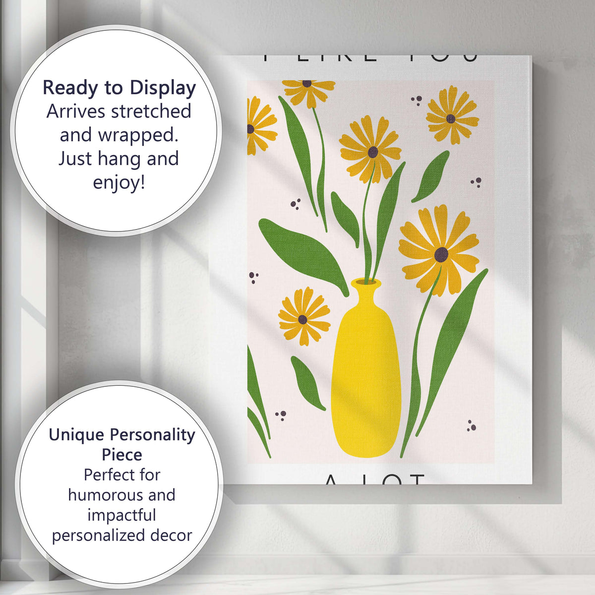 Yellow Floral Bouquet in Bright Mustard Vase Scandinavian Botanical Illustration Canvas Wall Art Print Decor Picture Ready to Hang
