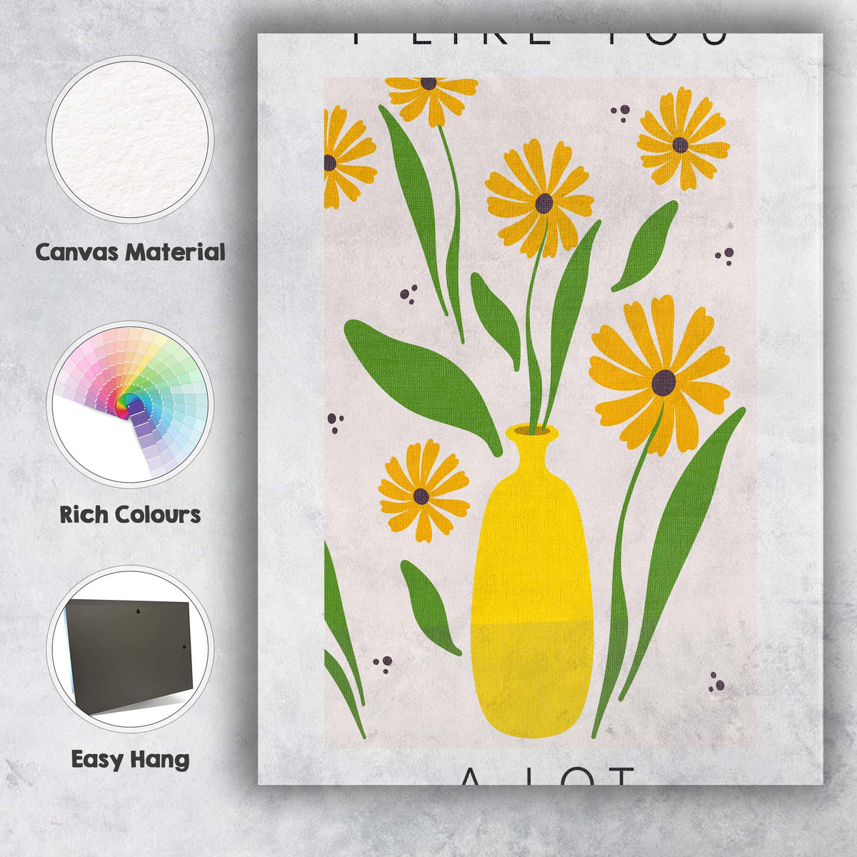 Yellow Floral Bouquet in Bright Mustard Vase Scandinavian Botanical Illustration Canvas Wall Art Print Decor Picture Ready to Hang