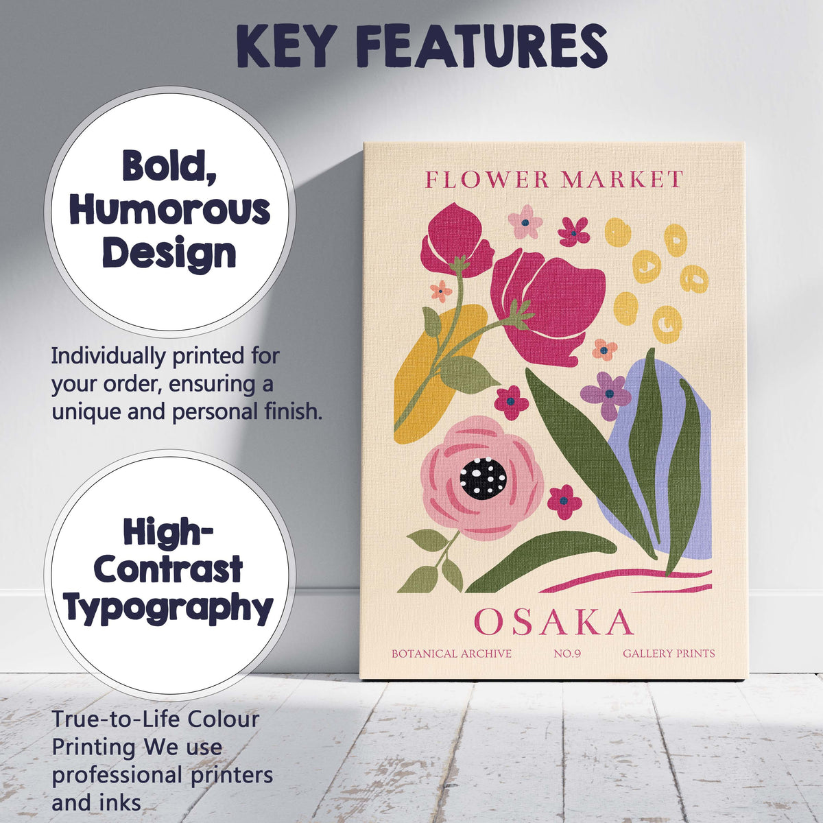 Osaka Botanical Archive Floral Market Poster Mid Century Modern Artwork Canvas Wall Art Print Decor Picture Ready to Hang