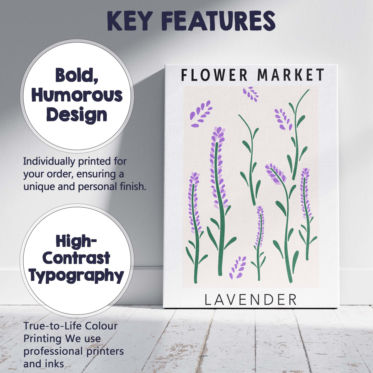 Minimalist Lavender Flower Market Botanical Stem Illustration Canvas Wall Art Print Decor Picture Ready to Hang