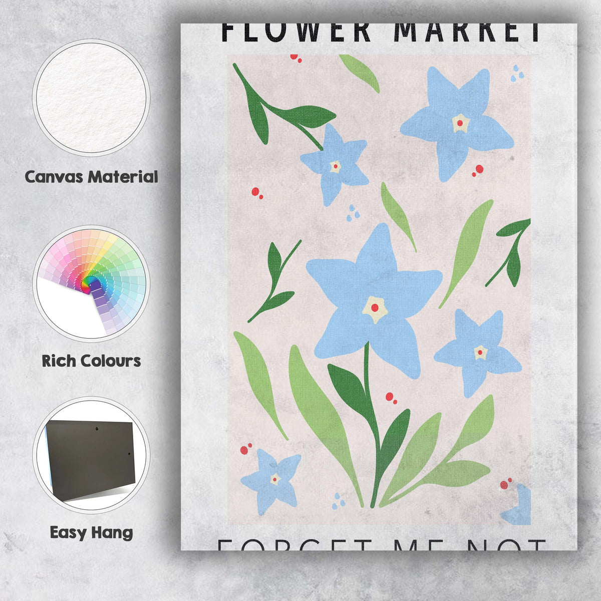 Pastel Blue Forget Me Not Wildflower Botanical Illustration Canvas Wall Art Print Decor Picture Ready to Hang