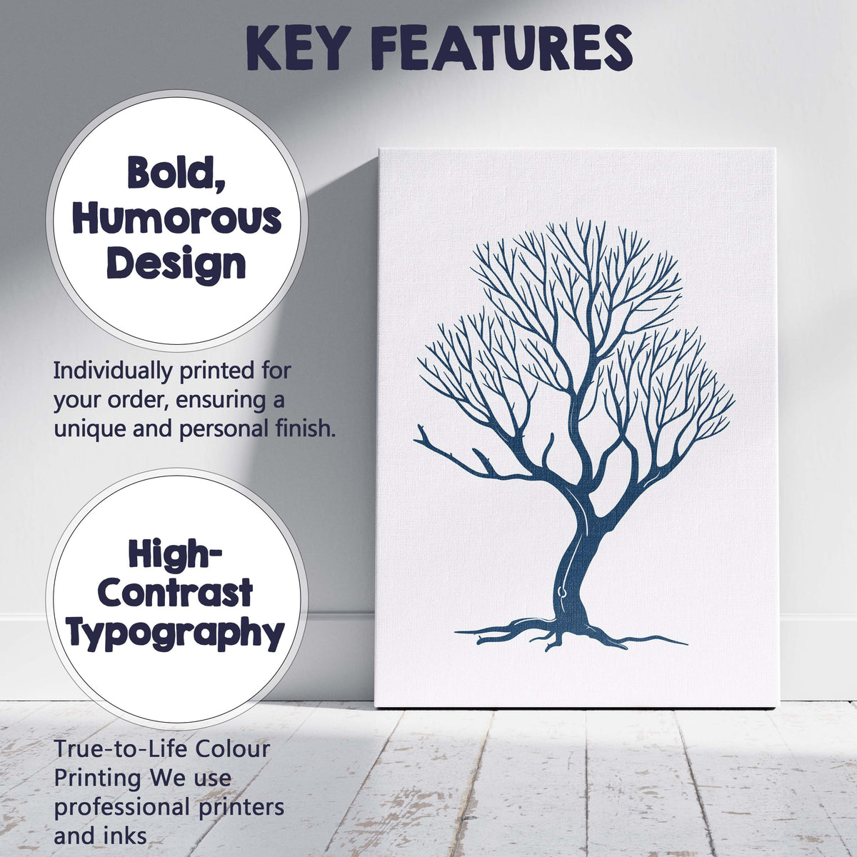 Minimalist Navy Winter Tree Branch Silhouette Artwork Canvas Wall Art Print Decor Picture Ready to Hang