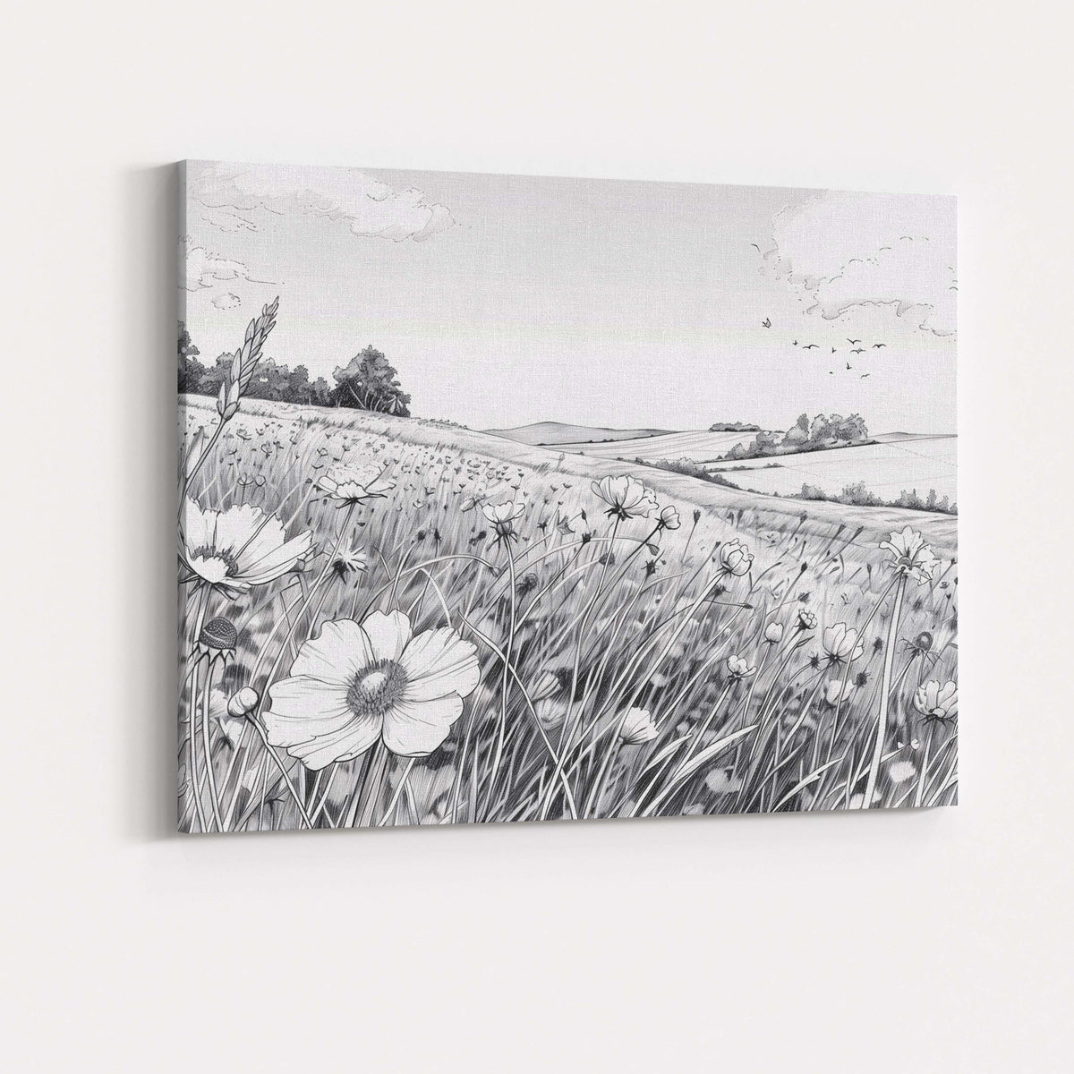 Monochrome Wildflower Meadow Landscape Pen And Ink Illustration Canvas Wall Art Print Decor Picture Ready to Hang