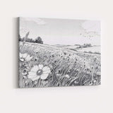Monochrome Wildflower Meadow Landscape Pen And Ink Illustration Canvas Wall Art Print Decor Picture Ready to Hang