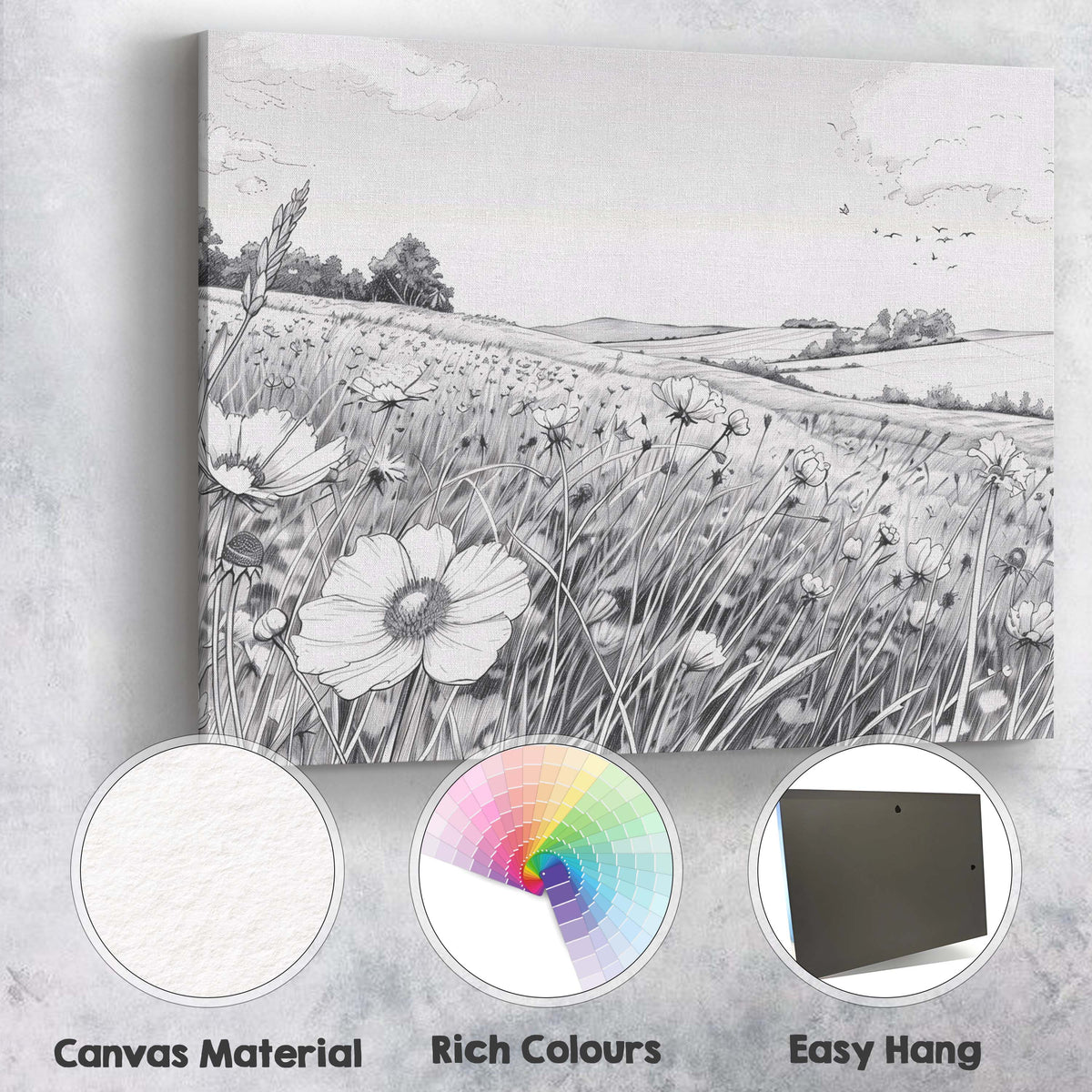 Monochrome Wildflower Meadow Landscape Pen And Ink Illustration Canvas Wall Art Print Decor Picture Ready to Hang