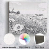 Monochrome Wildflower Meadow Landscape Pen And Ink Illustration Canvas Wall Art Print Decor Picture Ready to Hang