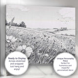 Monochrome Wildflower Meadow Landscape Pen And Ink Illustration Canvas Wall Art Print Decor Picture Ready to Hang