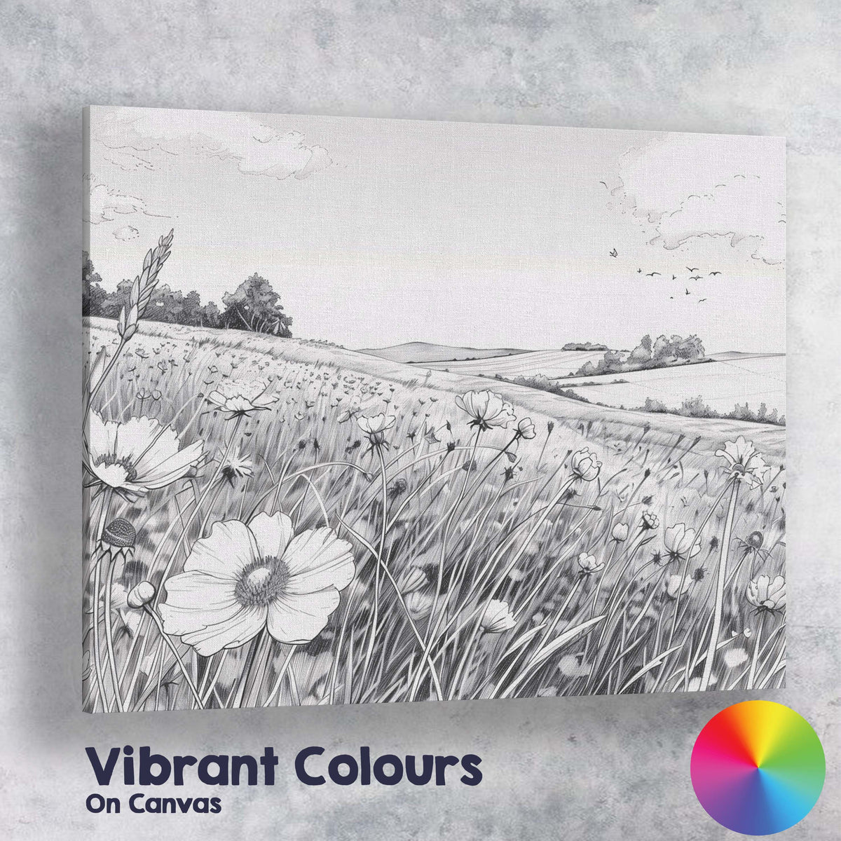 Monochrome Wildflower Meadow Landscape Pen And Ink Illustration Canvas Wall Art Print Decor Picture Ready to Hang