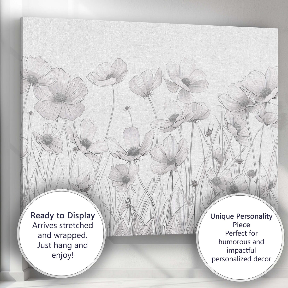 Elegant Botanical Flower Field Fine Line Drawing Artwork Canvas Wall Art Print Decor Picture Ready to Hang