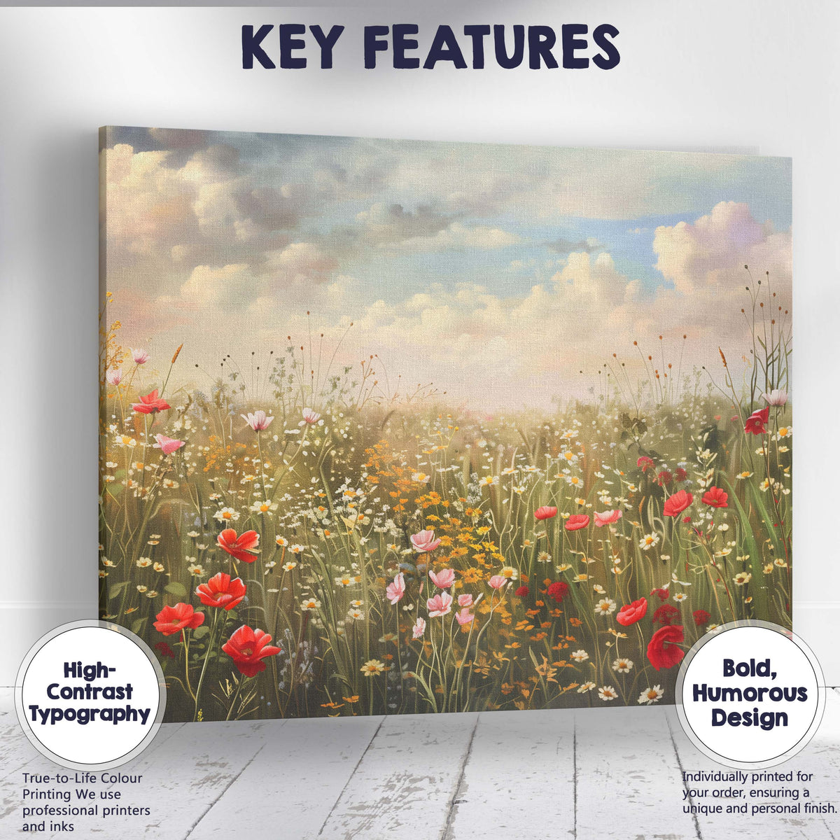 Romantic Summer Meadow Poppy And Daisy Floral Painting Canvas Wall Art Print Decor Picture Ready to Hang
