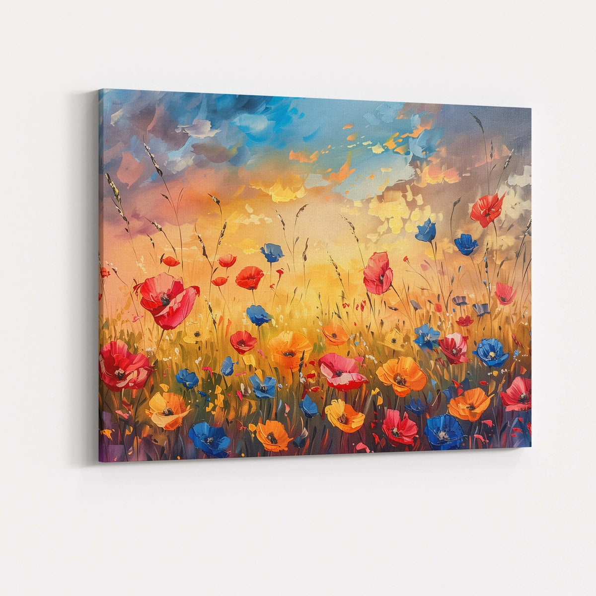 Vibrant Wildflower Meadow Sunset Painting Colourful Poppy Field Landscape Canvas Wall Art Print Decor Picture Ready to Hang