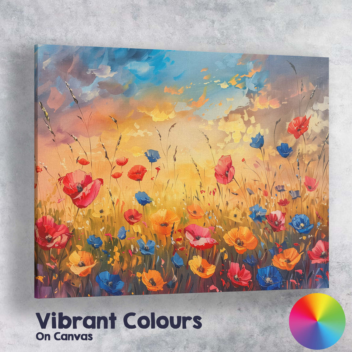 Vibrant Wildflower Meadow Sunset Painting Colourful Poppy Field Landscape Canvas Wall Art Print Decor Picture Ready to Hang