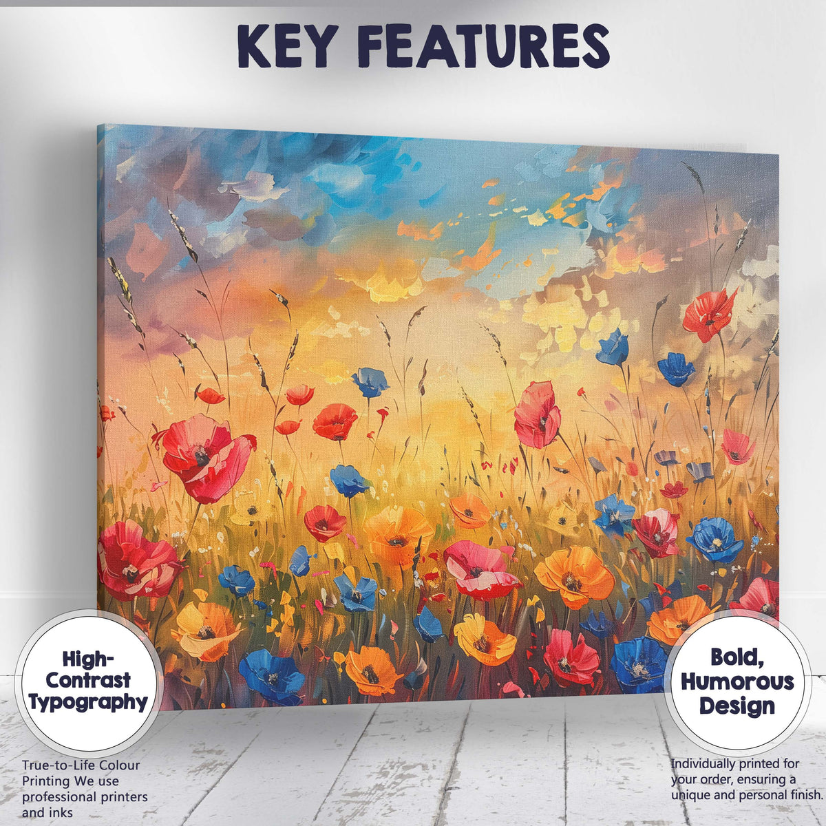 Vibrant Wildflower Meadow Sunset Painting Colourful Poppy Field Landscape Canvas Wall Art Print Decor Picture Ready to Hang
