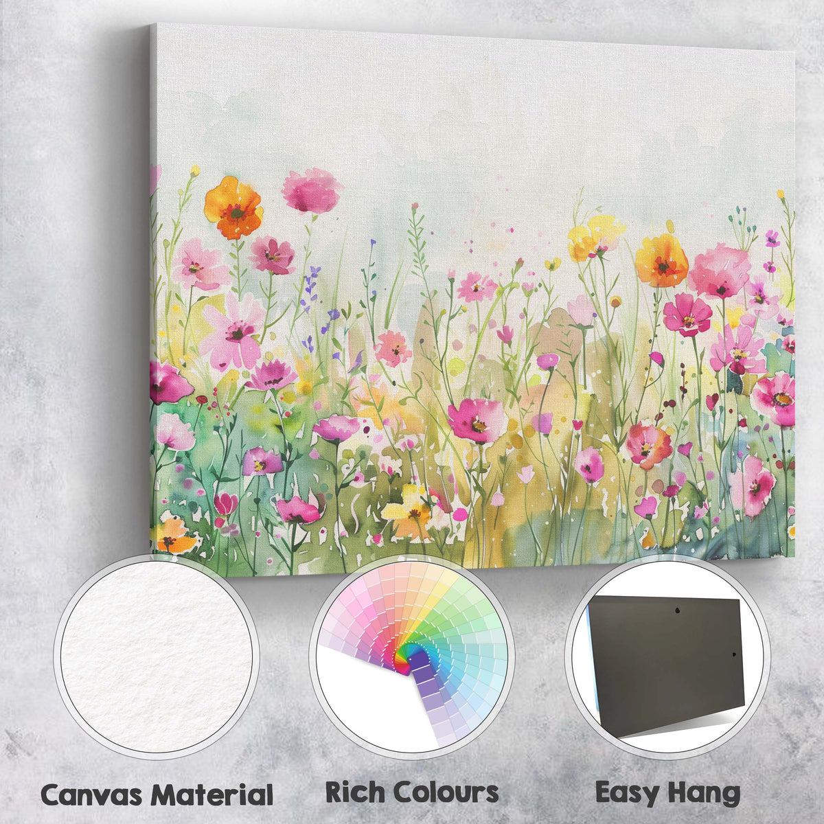 Delicate Pink Wildflower Watercolour Meadow Botanical Landscape Canvas Wall Art Print Decor Picture Ready to Hang