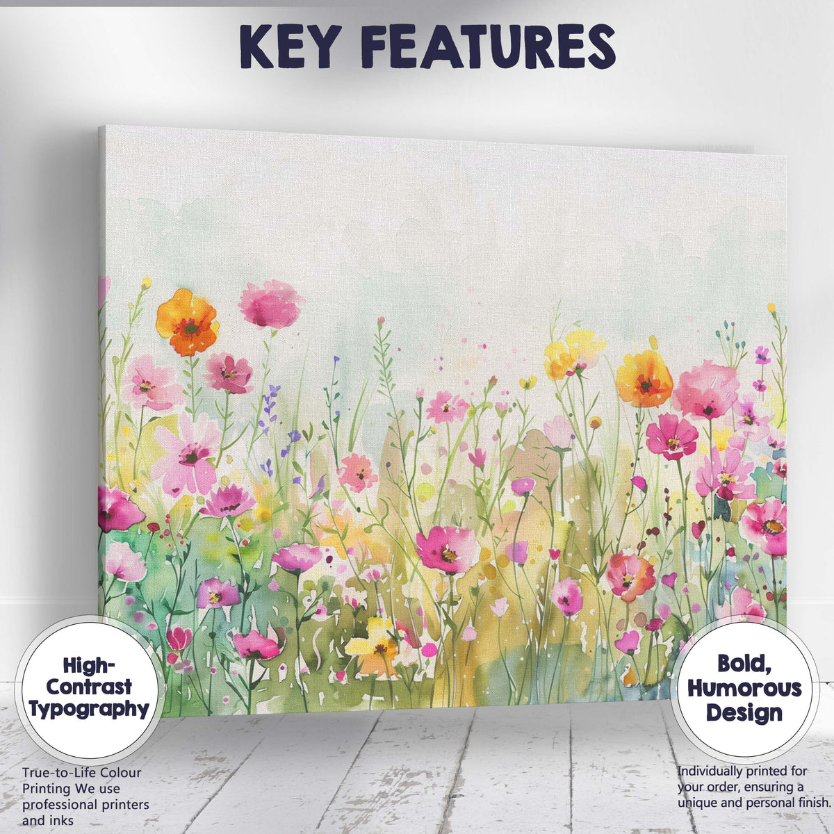 Delicate Pink Wildflower Watercolour Meadow Botanical Landscape Canvas Wall Art Print Decor Picture Ready to Hang