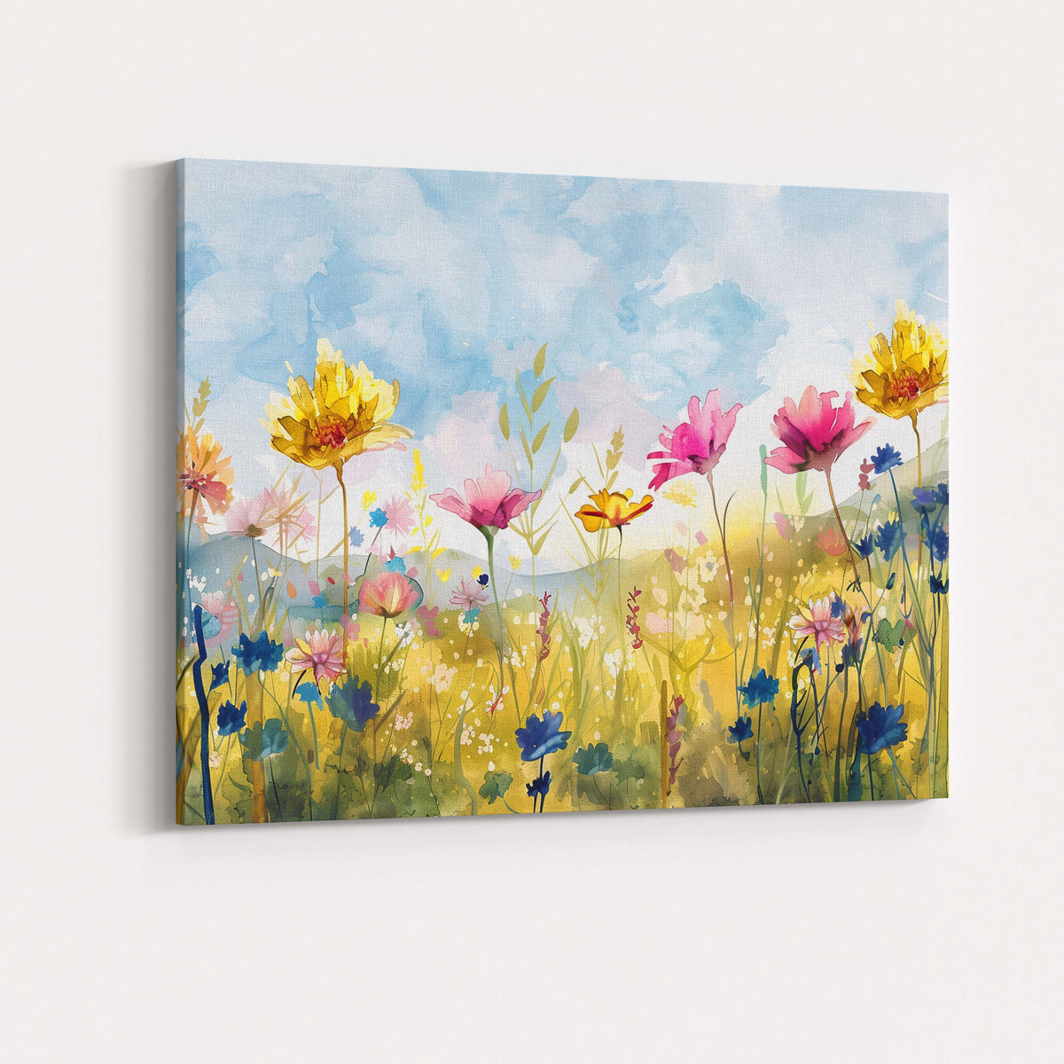 Bright Watercolour Wildflower Meadow Colourful Floral Landscape Canvas Wall Art Print Decor Picture Ready to Hang