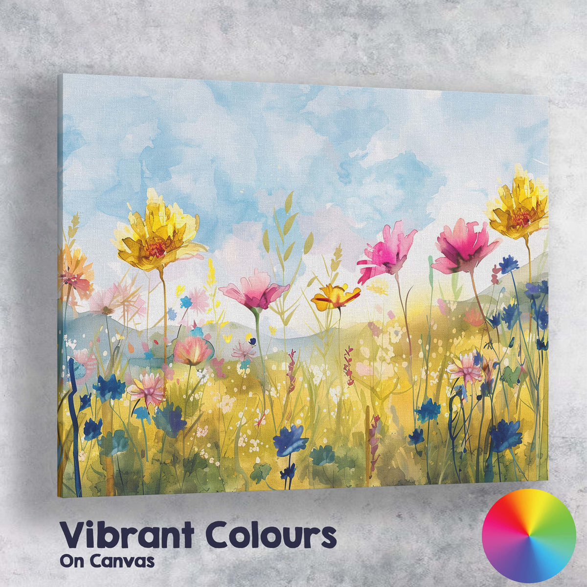 Bright Watercolour Wildflower Meadow Colourful Floral Landscape Canvas Wall Art Print Decor Picture Ready to Hang