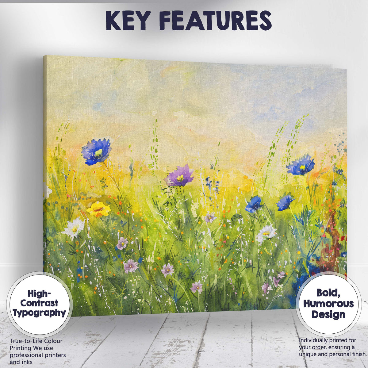 Fresh Green Meadow Blue Blossom Watercolour Nature Scene Canvas Wall Art Print Decor Picture Ready to Hang