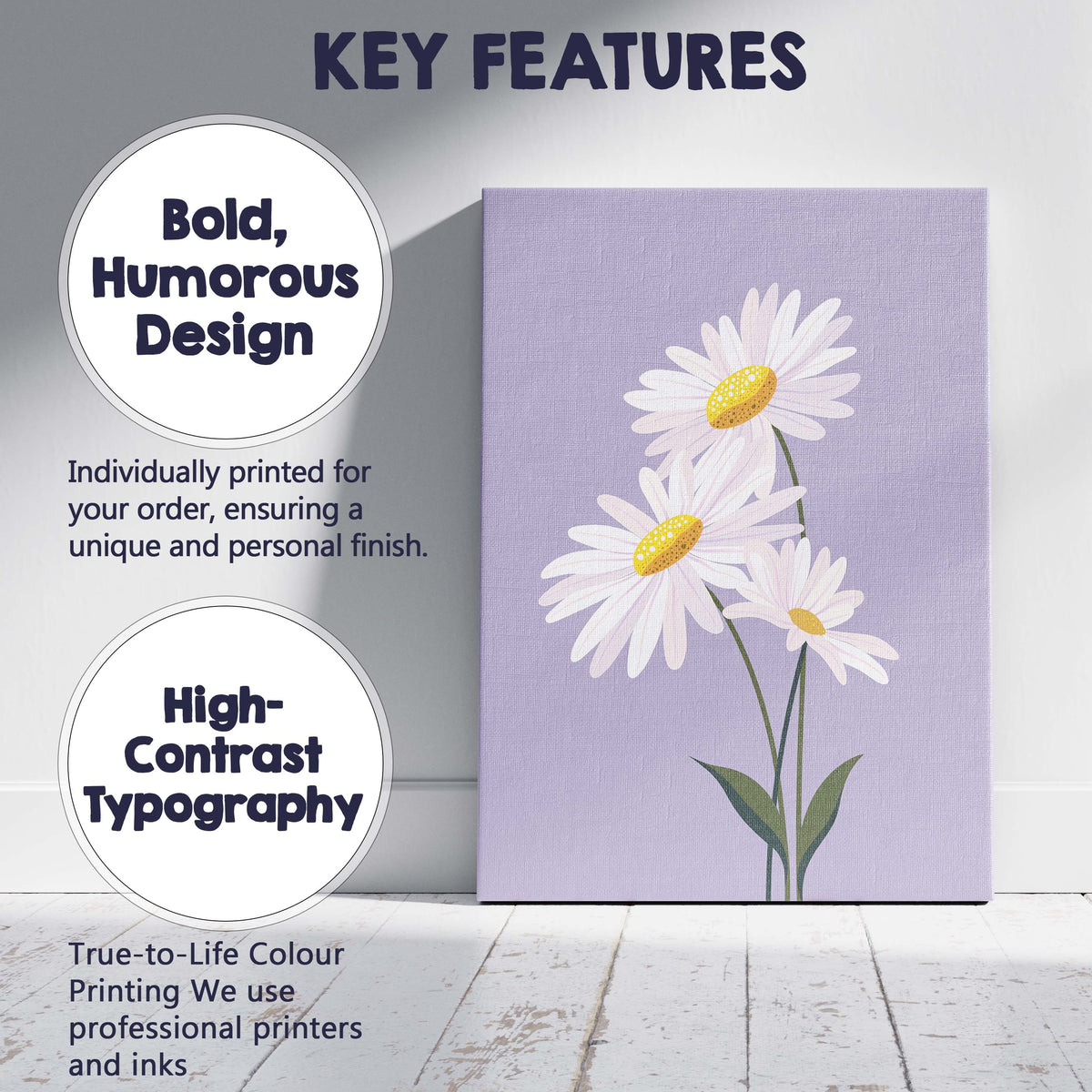 Pastel Lavender Daisy Floral Botanical Illustration Canvas Wall Art Print Decor Picture Ready to Hang