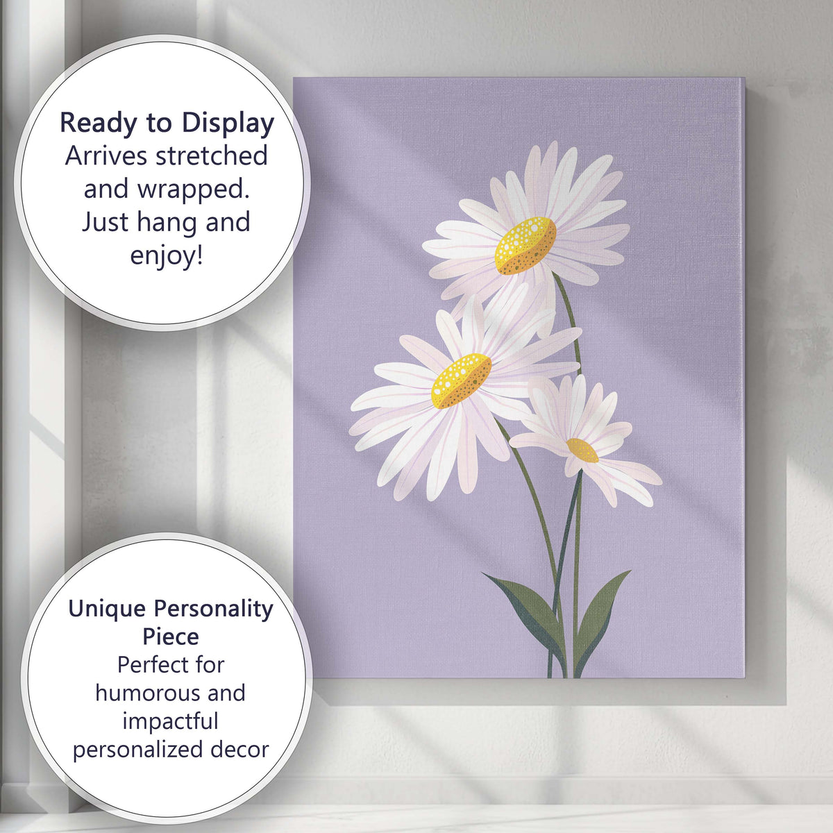 Pastel Lavender Daisy Floral Botanical Illustration Canvas Wall Art Print Decor Picture Ready to Hang