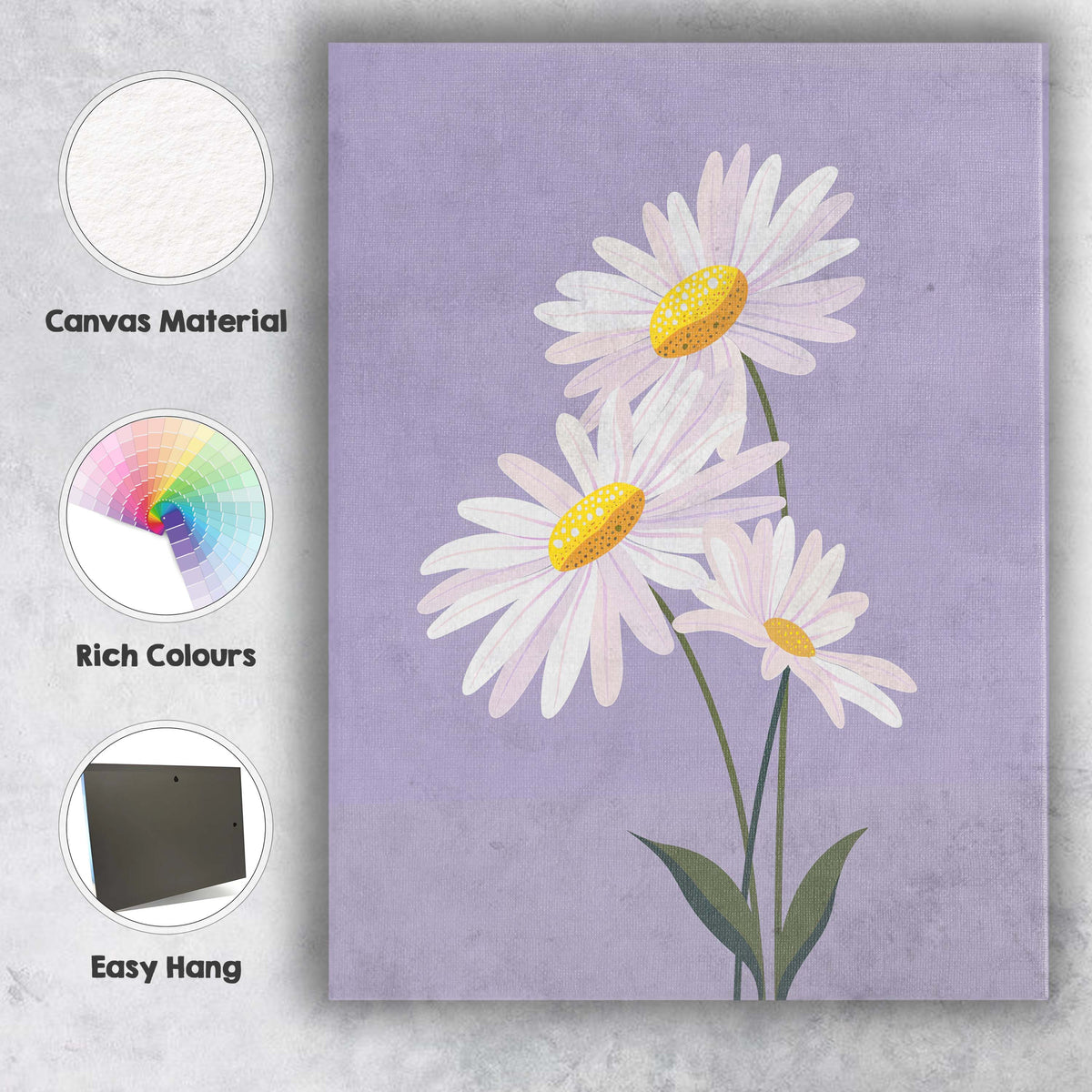 Pastel Lavender Daisy Floral Botanical Illustration Canvas Wall Art Print Decor Picture Ready to Hang