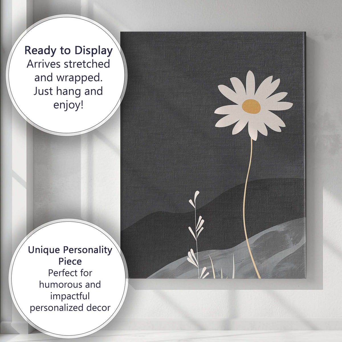 Minimalist White Daisy Wildflower Dark Landscape Botanical Canvas Wall Art Print Decor Picture Ready to Hang