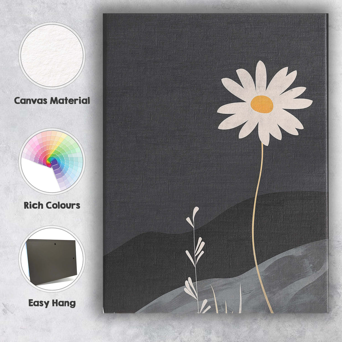 Minimalist White Daisy Wildflower Dark Landscape Botanical Canvas Wall Art Print Decor Picture Ready to Hang