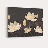 Elegant Ivory Lotus Flower Line Art Dark Neutral Botanical Canvas Wall Art Print Decor Picture Ready to Hang