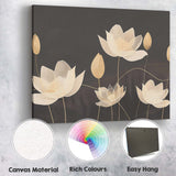 Elegant Ivory Lotus Flower Line Art Dark Neutral Botanical Canvas Wall Art Print Decor Picture Ready to Hang