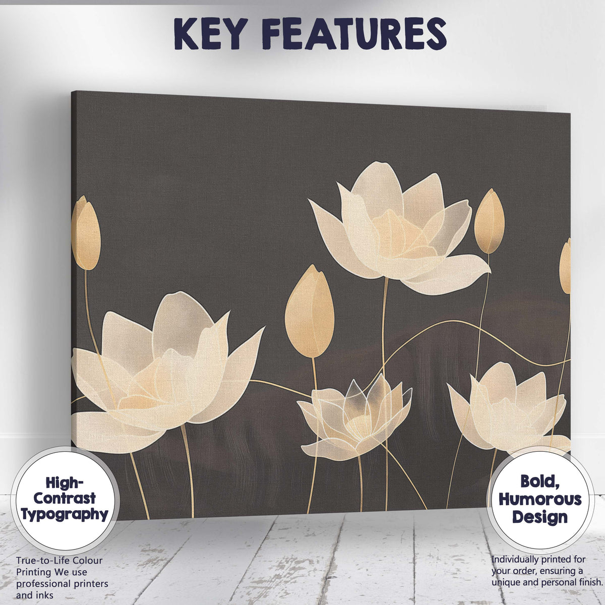 Elegant Ivory Lotus Flower Line Art Dark Neutral Botanical Canvas Wall Art Print Decor Picture Ready to Hang