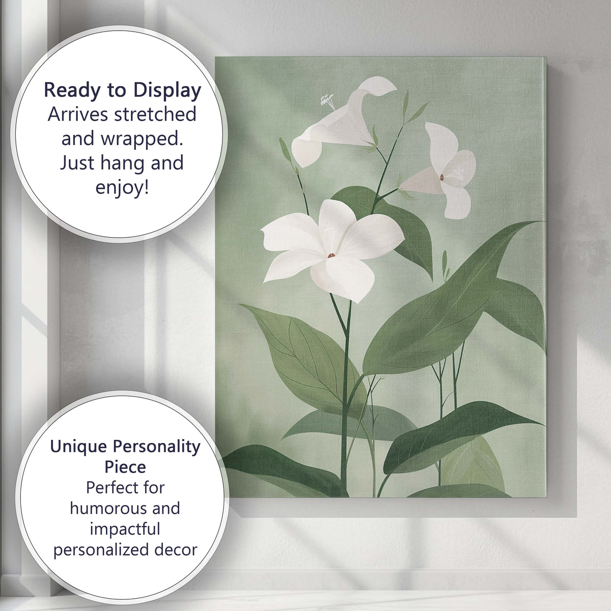 Soft Green Morning Glory Floral Botanical Illustration Canvas Wall Art Print Decor Picture Ready to Hang