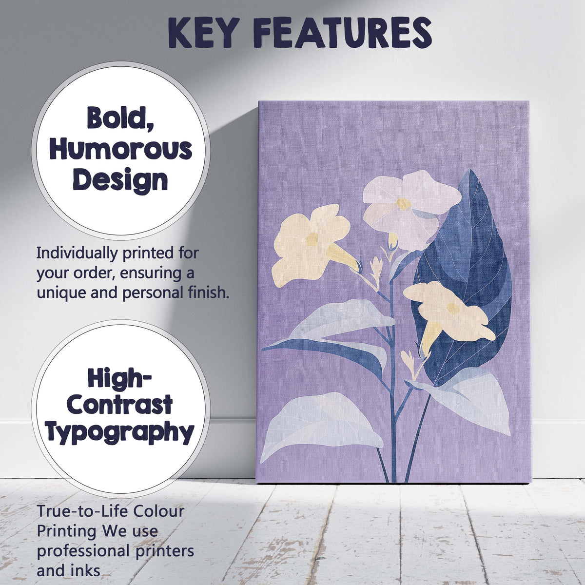Pastel Lavender Floral Botanical Illustration Blue Leaf Artwork Canvas Wall Art Print Decor Picture Ready to Hang