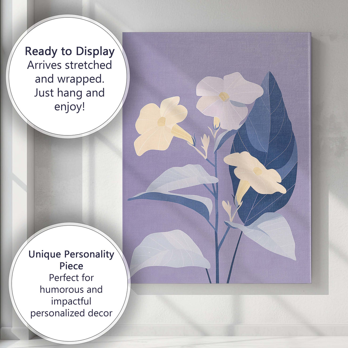 Pastel Lavender Floral Botanical Illustration Blue Leaf Artwork Canvas Wall Art Print Decor Picture Ready to Hang