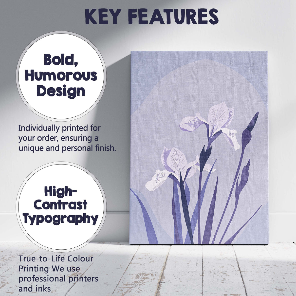 Soft Lavender Iris Floral Illustration Contemporary Botanical Design Canvas Wall Art Print Decor Picture Ready to Hang