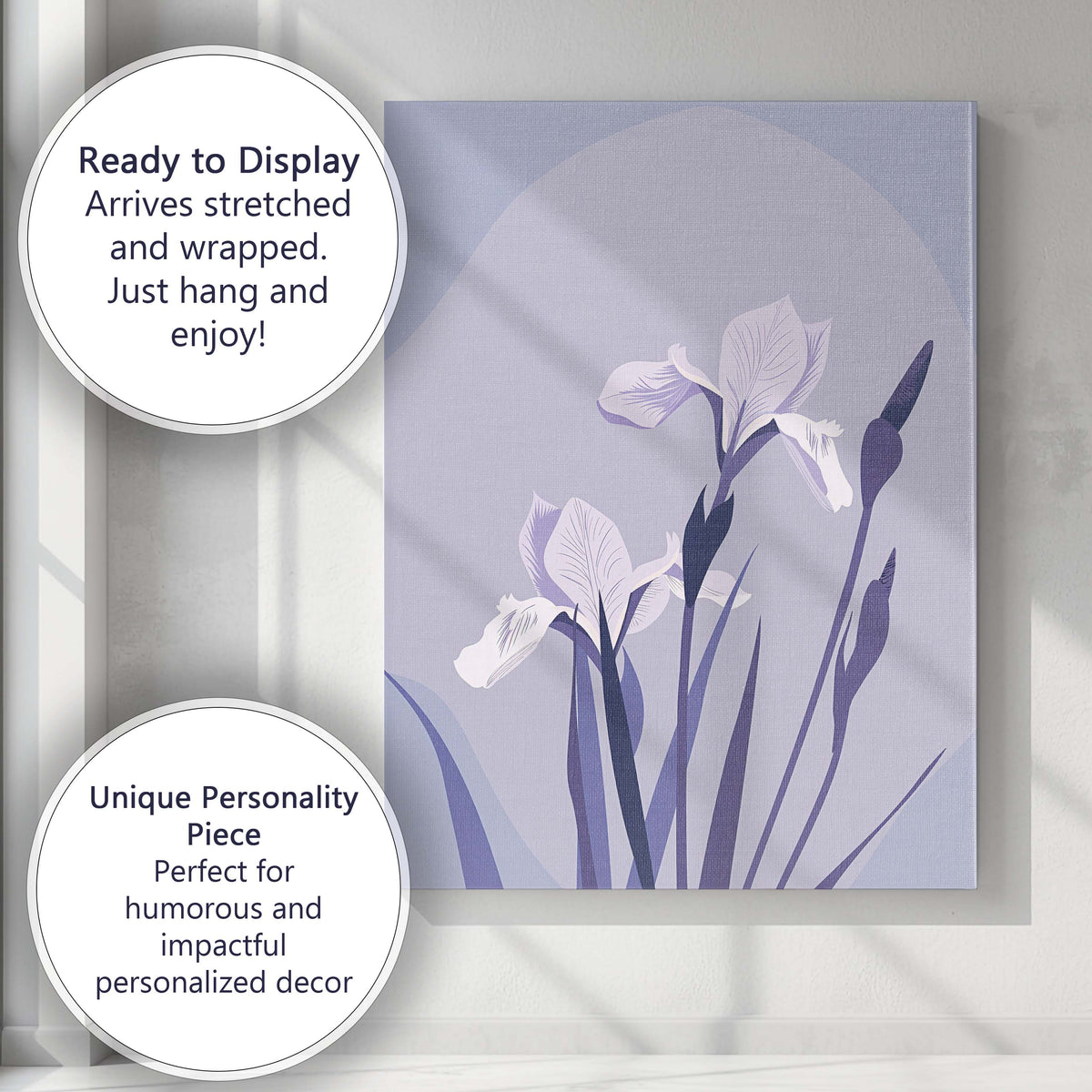 Soft Lavender Iris Floral Illustration Contemporary Botanical Design Canvas Wall Art Print Decor Picture Ready to Hang