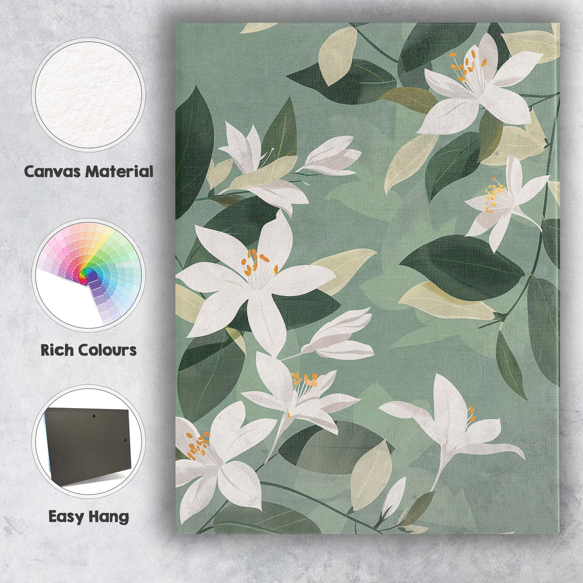 White Jasmine Blossom Botanical Pattern Sage Green Floral Design Canvas Wall Art Print Decor Picture Ready to Hang