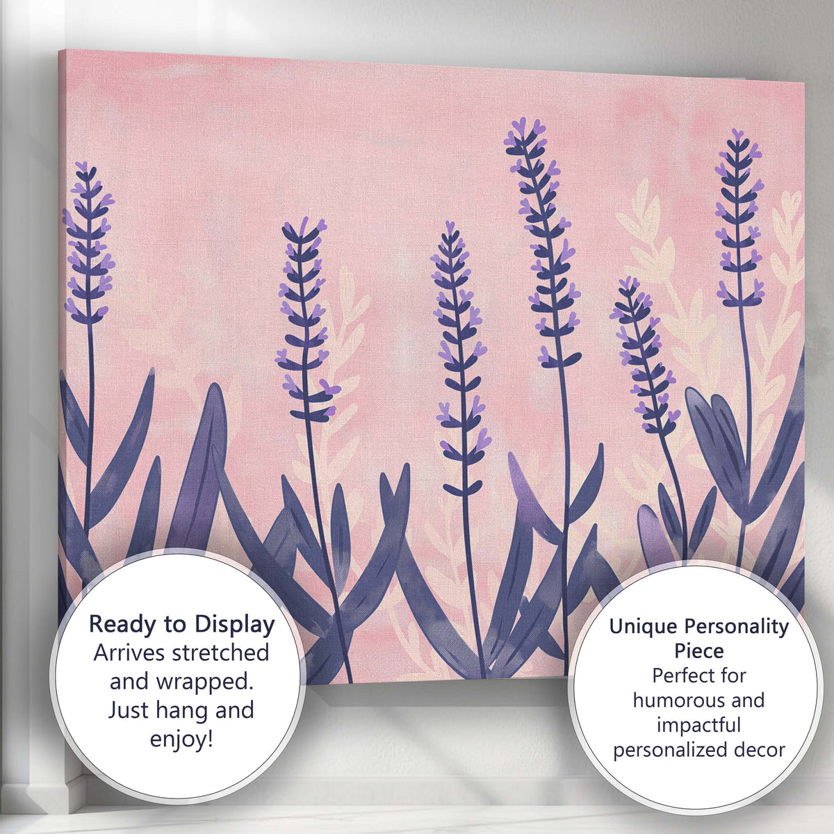 Pastel Pink Lavender Field Minimalist Botanical Illustration Canvas Wall Art Print Decor Picture Ready to Hang