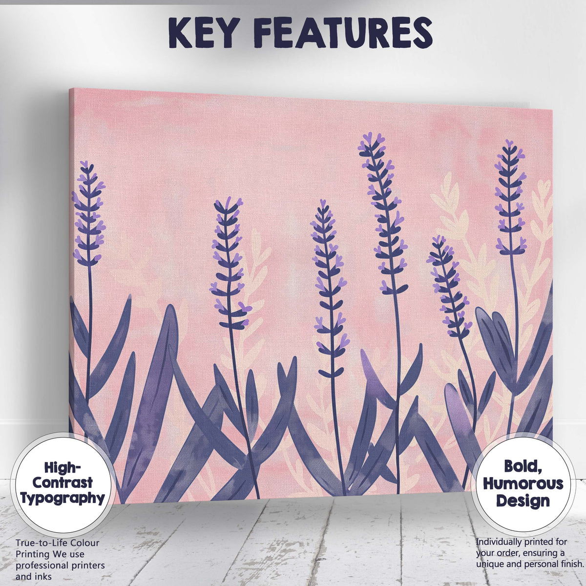 Pastel Pink Lavender Field Minimalist Botanical Illustration Canvas Wall Art Print Decor Picture Ready to Hang