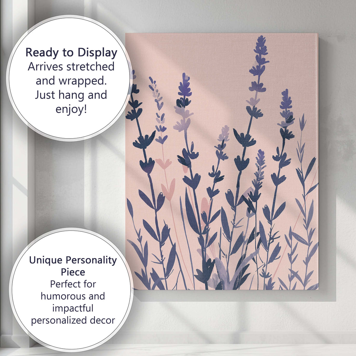 Blush Pink Lavender Wildflower Botanical Silhouette Art Canvas Wall Art Print Decor Picture Ready to Hang