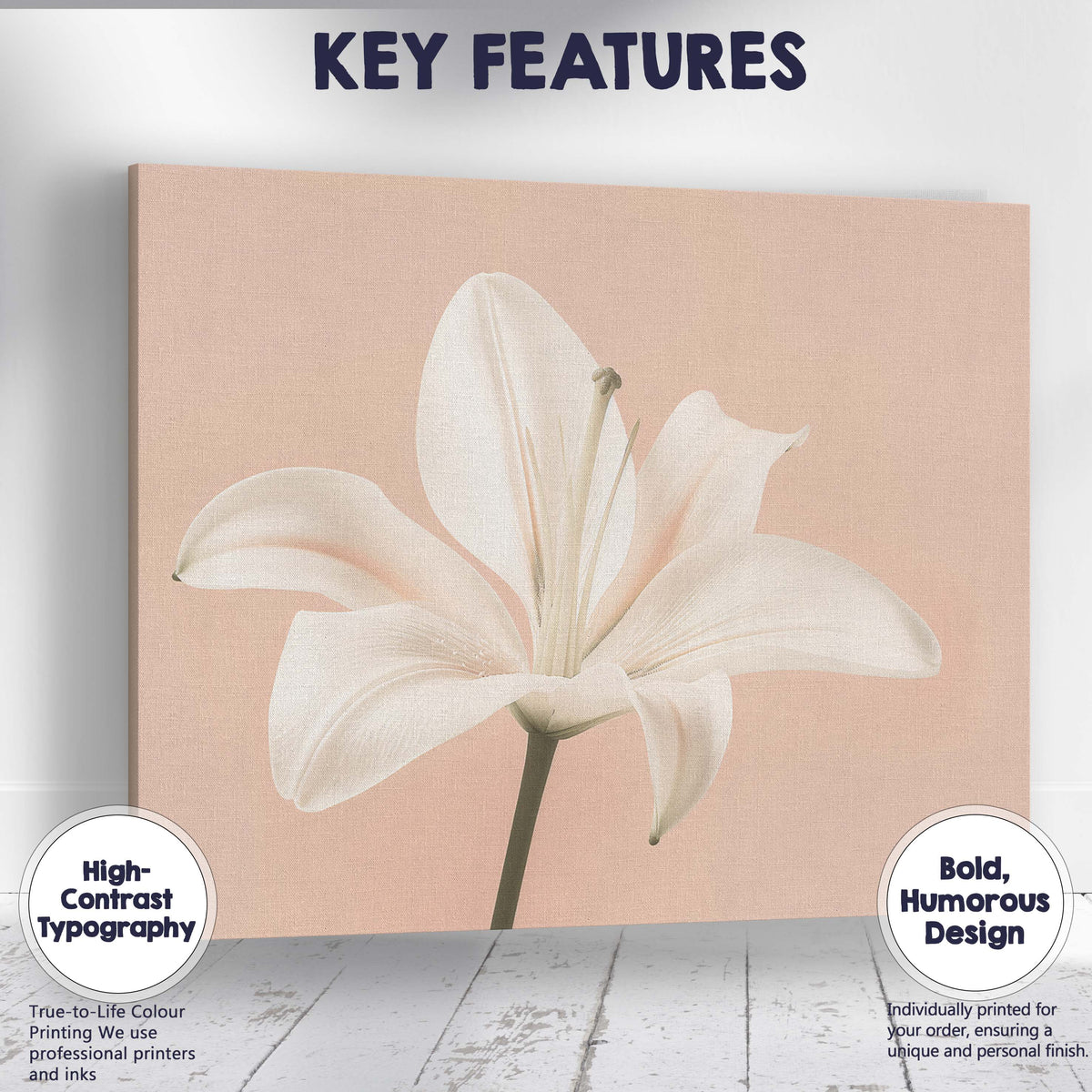 Cream White Lily Bouquet Yellow Botanical Illustration Canvas Wall Art Print Decor Picture Ready to Hang