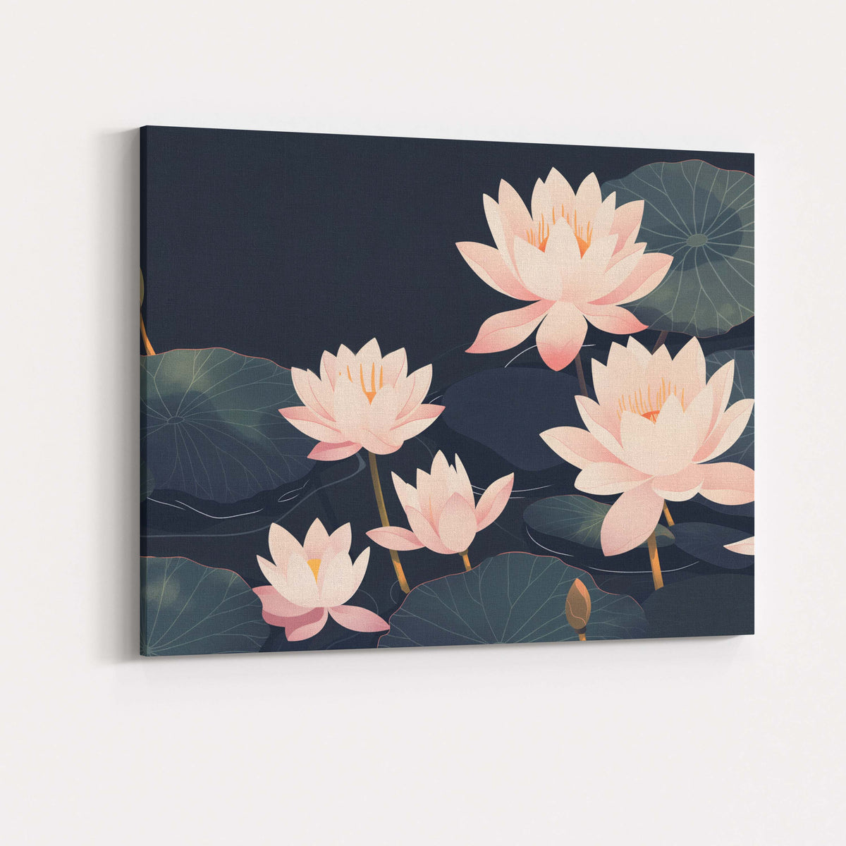 Elegant Blush Pink Lotus Pond Botanical Illustration Canvas Wall Art Print Decor Picture Ready to Hang