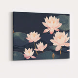 Elegant Blush Pink Lotus Pond Botanical Illustration Canvas Wall Art Print Decor Picture Ready to Hang