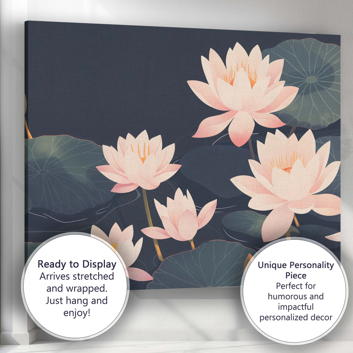 Elegant Blush Pink Lotus Pond Botanical Illustration Canvas Wall Art Print Decor Picture Ready to Hang