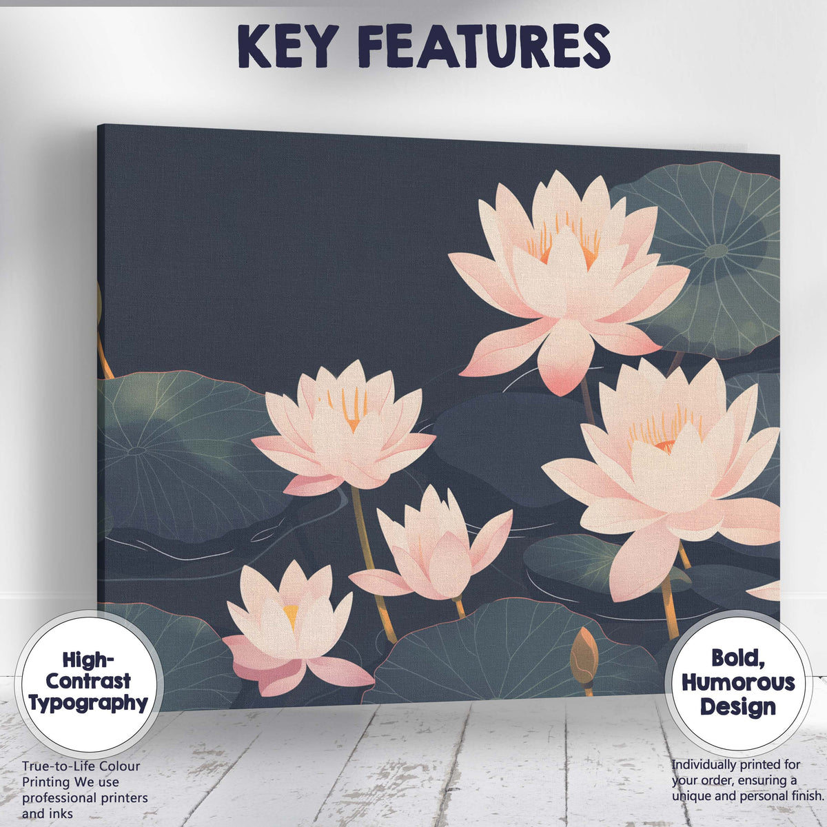 Elegant Blush Pink Lotus Pond Botanical Illustration Canvas Wall Art Print Decor Picture Ready to Hang