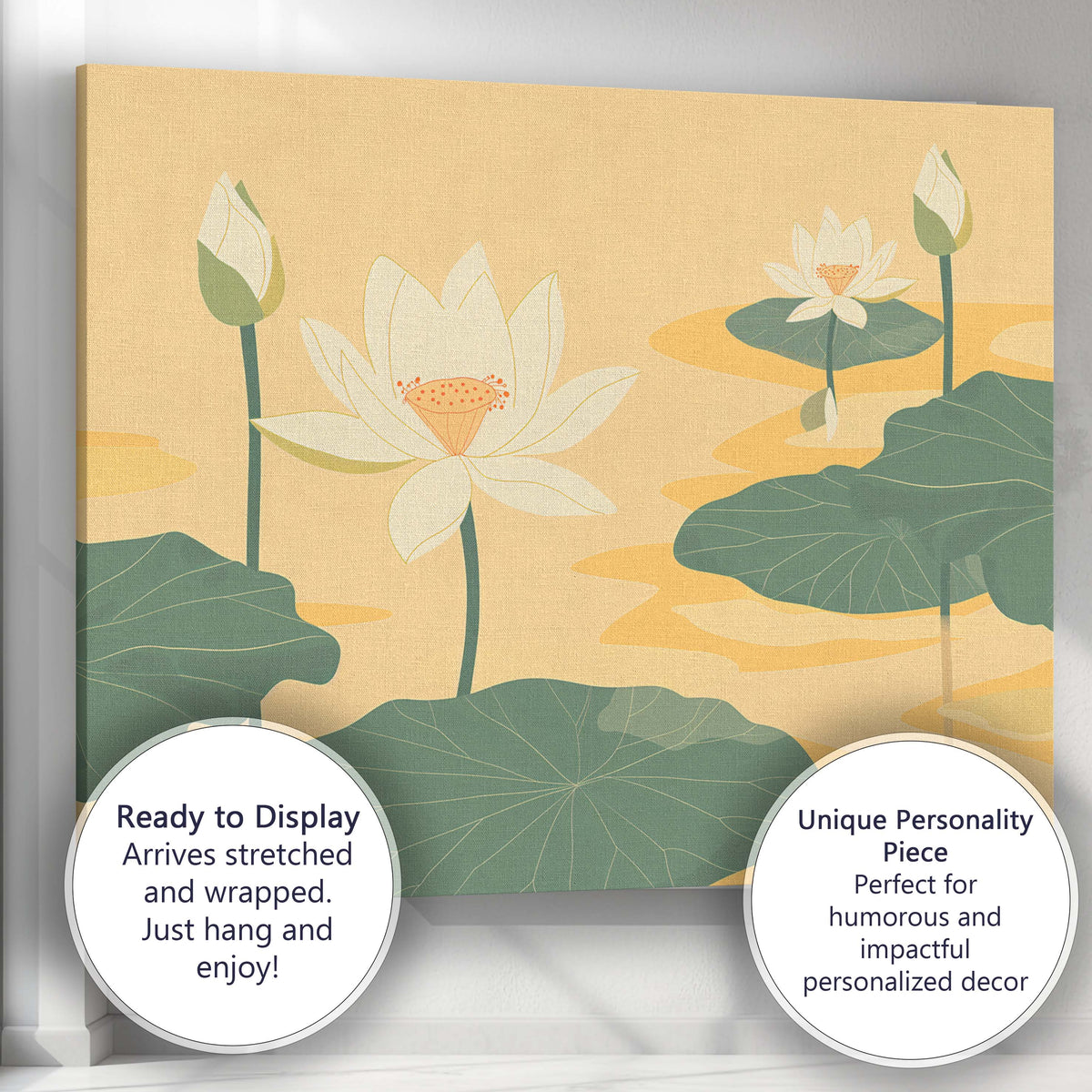 Minimalist Cream Lotus Flowers On Golden Water Landscape Canvas Wall Art Print Decor Picture Ready to Hang