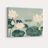 Serene Sage Green Lotus Garden Oriental Botanical Artwork Canvas Wall Art Print Decor Picture Ready to Hang