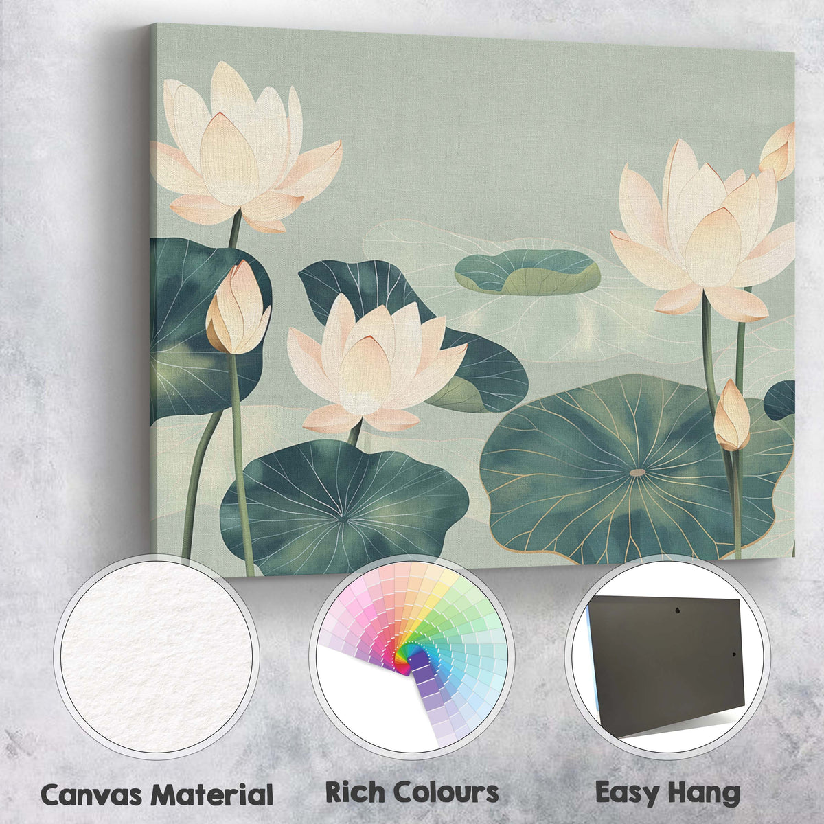 Serene Sage Green Lotus Garden Oriental Botanical Artwork Canvas Wall Art Print Decor Picture Ready to Hang