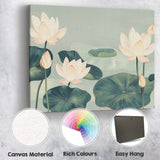 Serene Sage Green Lotus Garden Oriental Botanical Artwork Canvas Wall Art Print Decor Picture Ready to Hang
